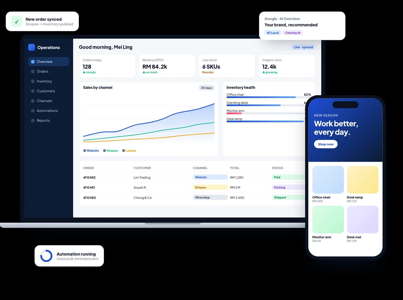 Illustration of an operations dashboard and a mobile storefront